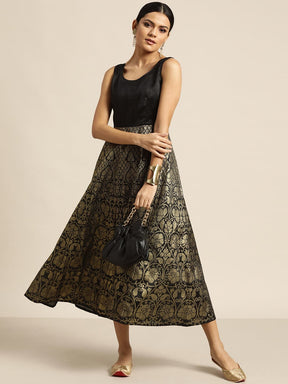 Black Foil Print Sleeveless Anarkali Maxi Dress-Dress-SASSAFRAS