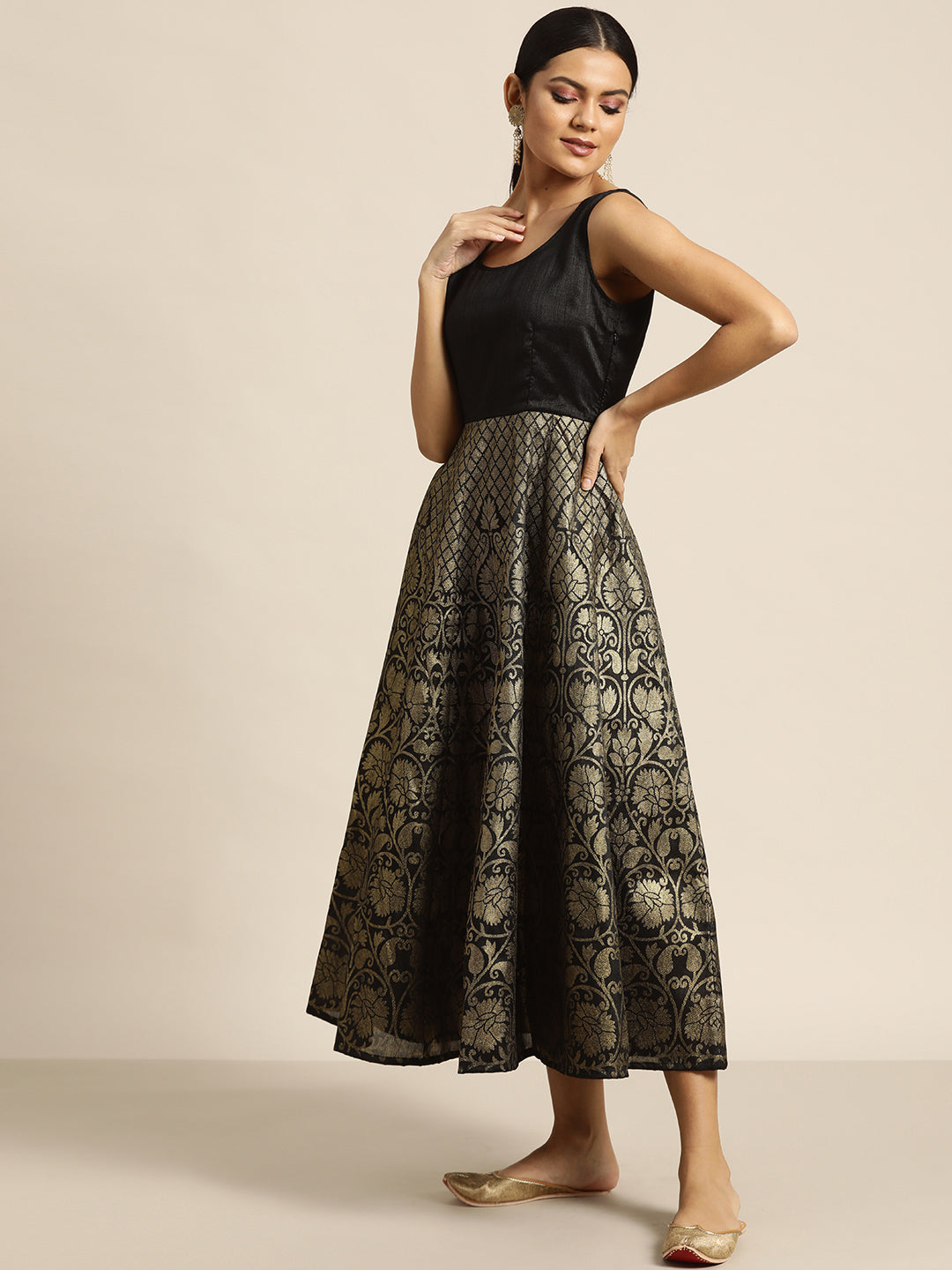 Black Foil Print Sleeveless Anarkali Maxi Dress
