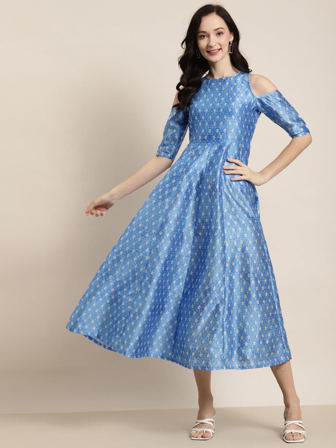 Blue Geo Floral Cold Shoulder Anrakali Maxi-Dress-SASSAFRAS