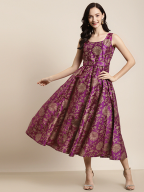 Purple Jacquard Floral Self-Belt Anarkali Maxi-Dress-SASSAFRAS
