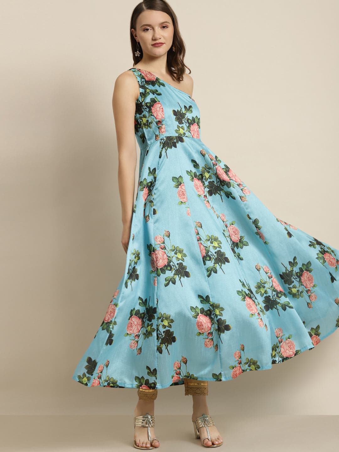 Turquoise Floral One Shoulder Anarkali Maxi-Dress-SASSAFRAS