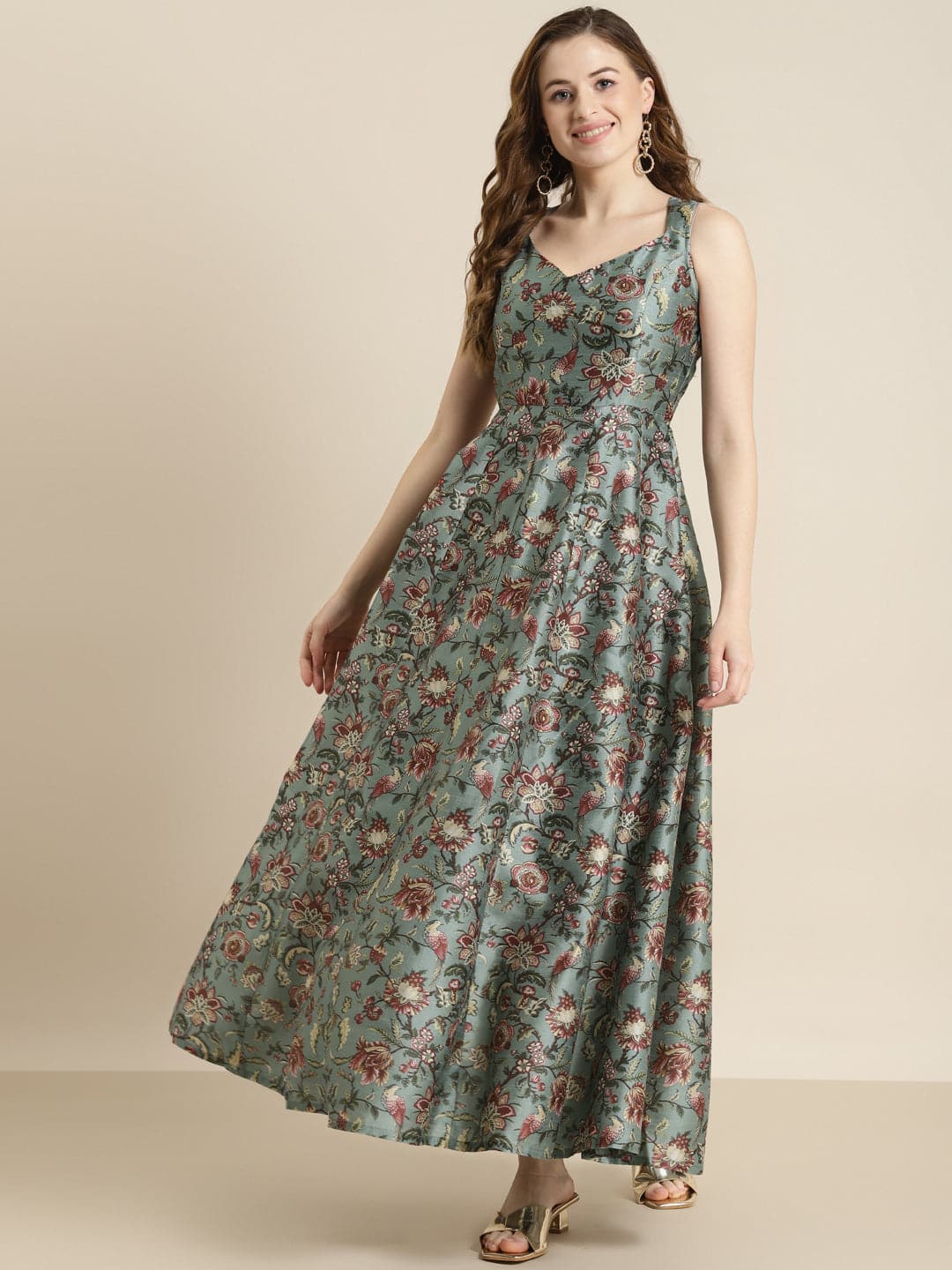 Olive Floral Sweetheart Anarkali Maxi Dress-Dress-SASSAFRAS