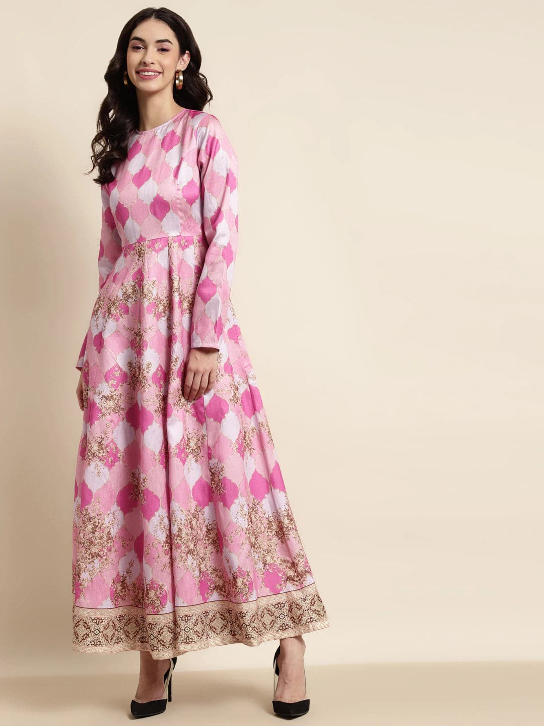Pink Mughal Floral Full Sleeves Anarkali Maxi Dress-Dress-SASSAFRAS