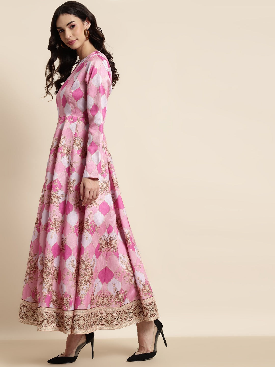 Pink Mughal Floral Full Sleeves Anarkali Maxi Dress