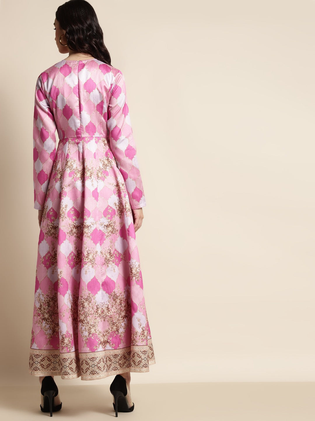 Pink Mughal Floral Full Sleeves Anarkali Maxi Dress