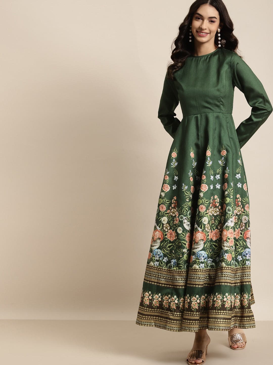 Green Floral Full Sleeves Anarkali Maxi Dress-Dress-SASSAFRAS