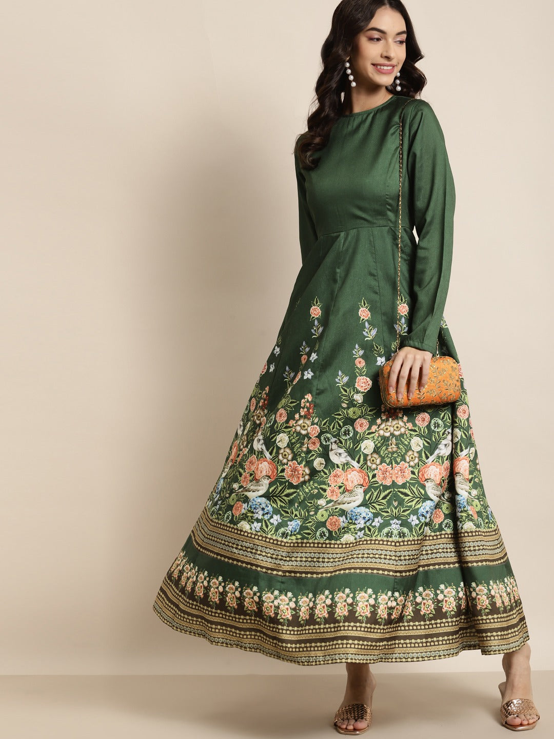 Green Floral Full Sleeves Anarkali Maxi Dress