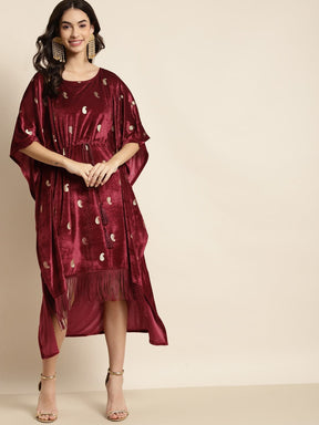 Maroon Velvet Foil Print Fringe Lace Kaftan Dress-Dress-SASSAFRAS