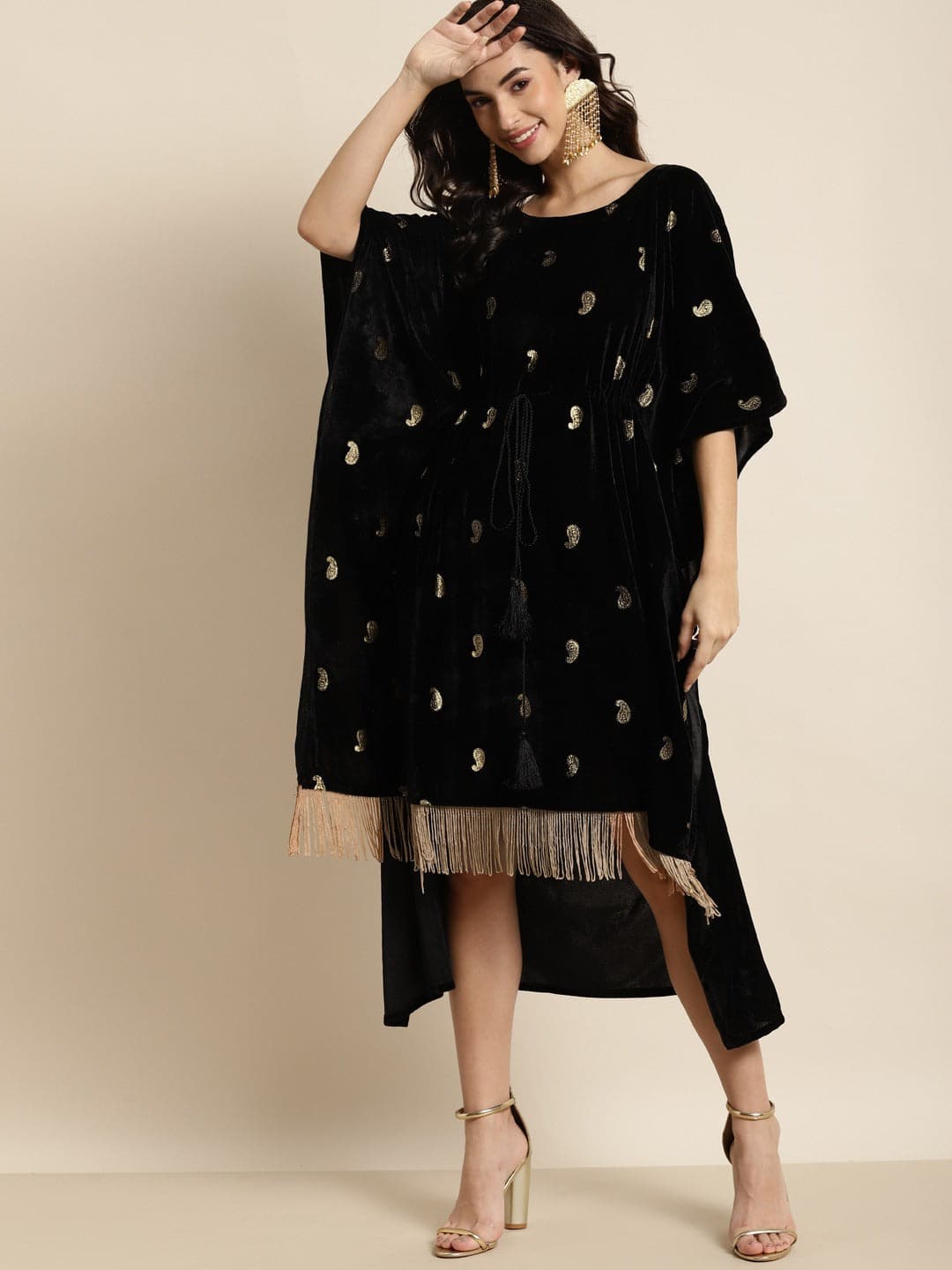 Black Velvet Foil Print Fringe Lace Kaftan Dress-Dress-SASSAFRAS