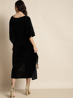 Black Velvet Foil Print Fringe Lace Kaftan Dress