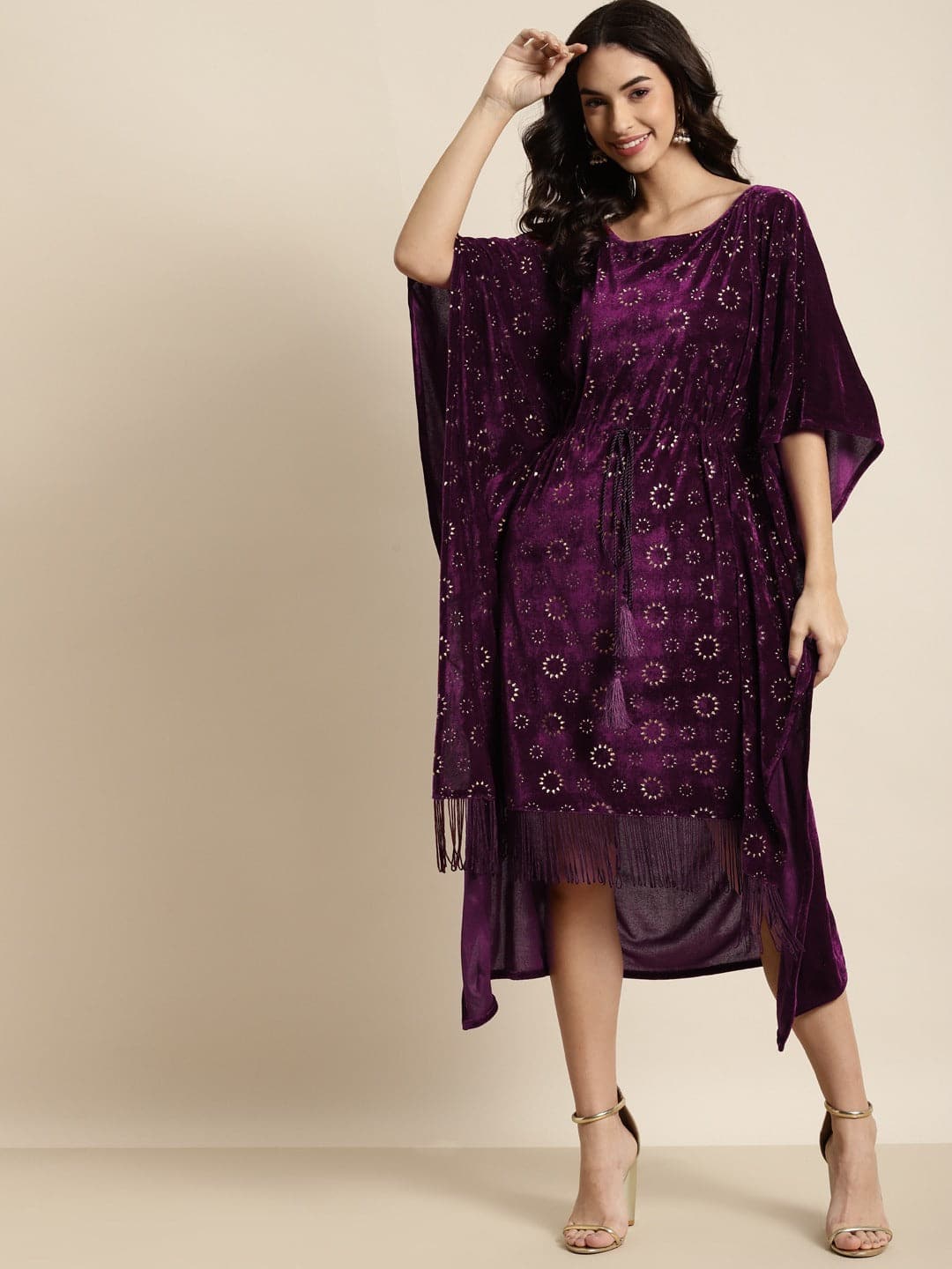 Purple Velvet Foil Print Fringe Lace Kaftan Dress-Dress-SASSAFRAS