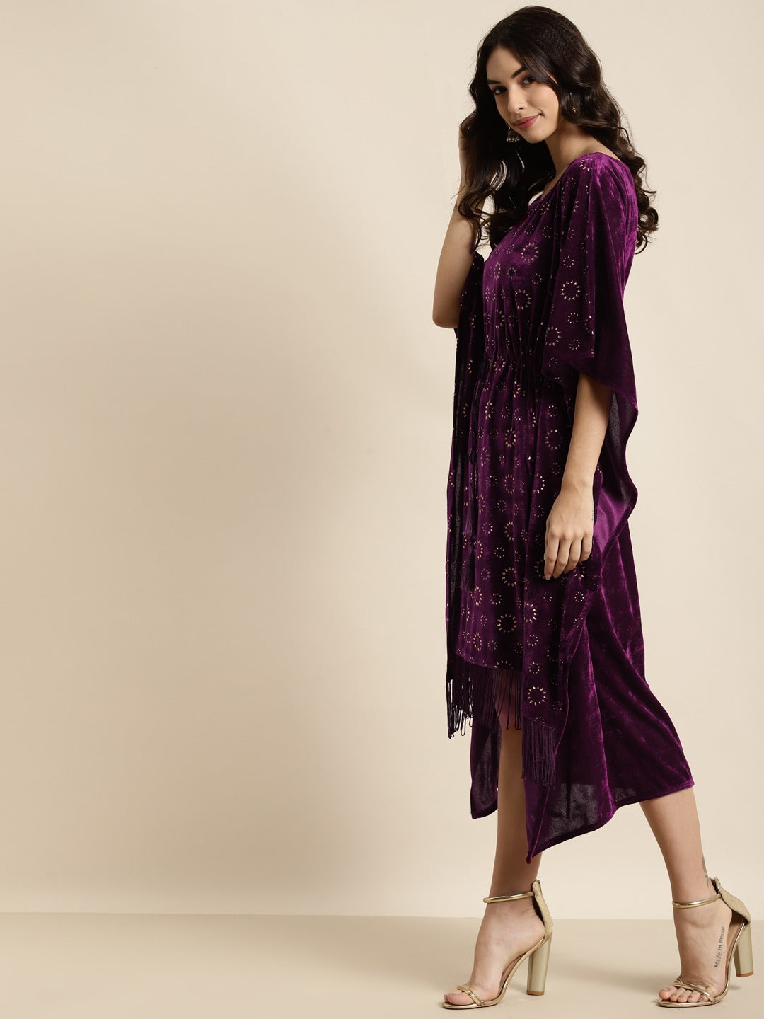 Purple Velvet Foil Print Fringe Lace Kaftan Dress