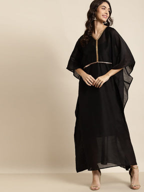 Black Chanderi Lace Kaftan With Slip-Dress-SASSAFRAS