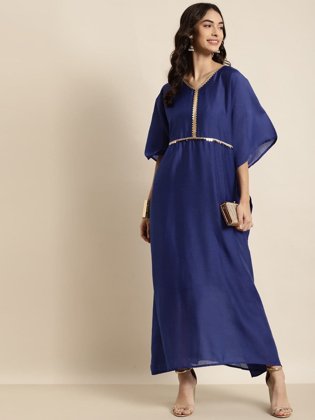 Royal Blue Chanderi Lace Kaftan With Slip-Dress-SASSAFRAS