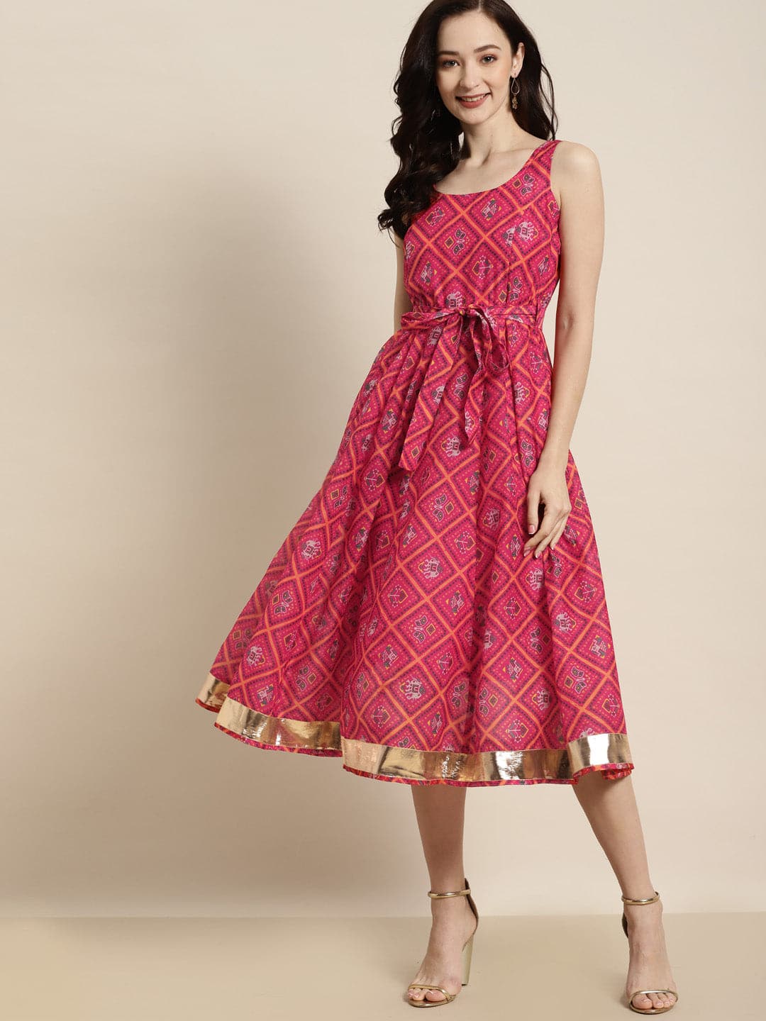 Women Pink Patola Sleeveless Anarkali Dress-Dress-SASSAFRAS