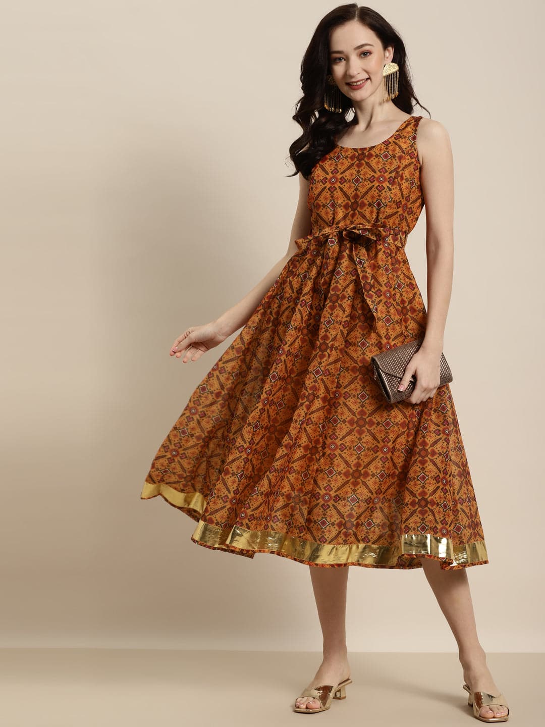 Women Mustard Patola Sleeveless Anarkali Dress-Dress-SASSAFRAS