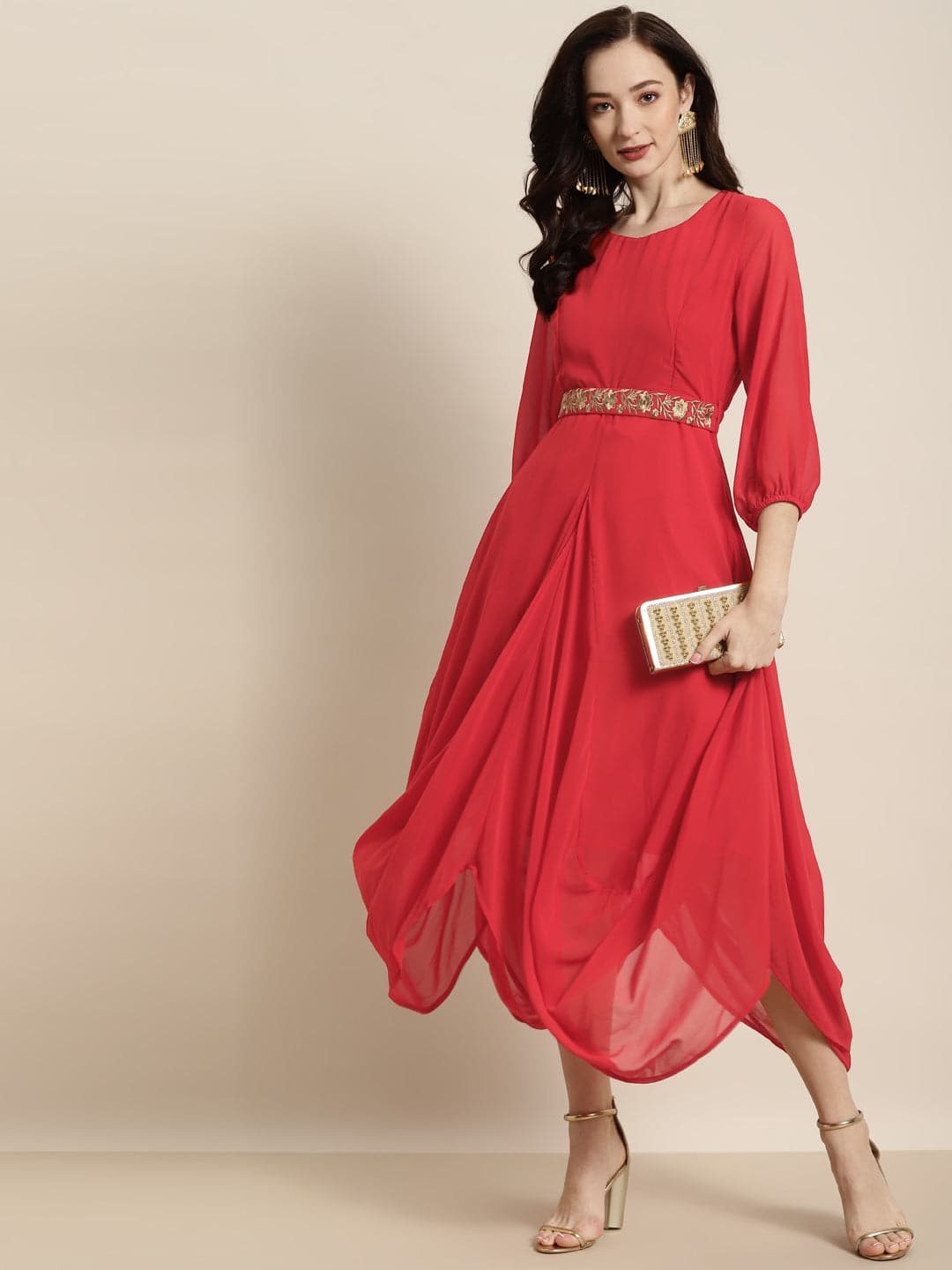 Women Red Embroidered Belt Dhoti Dress-Dress-SASSAFRAS