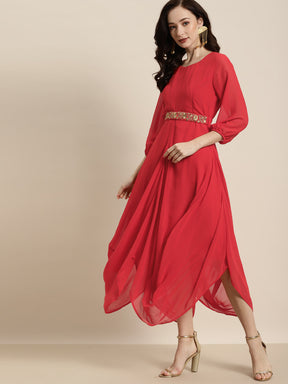 Women Red Embroidered Belt Dhoti Dress