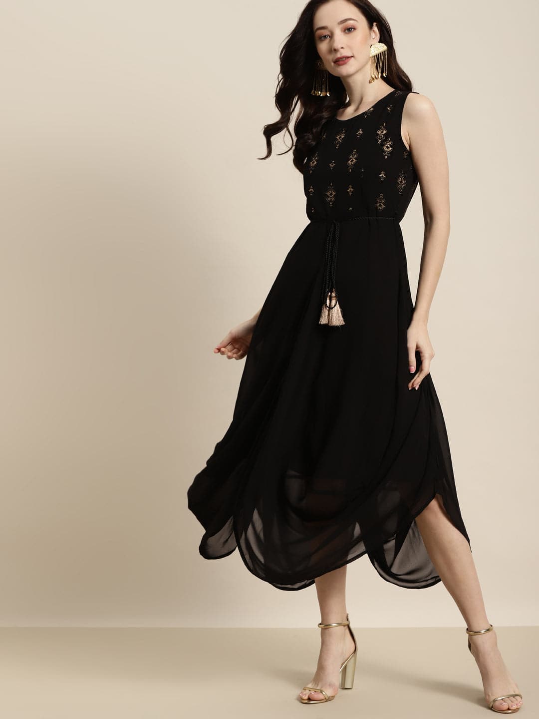 Women Black Sleeveless Foil Dhoti Dress-Dress-SASSAFRAS