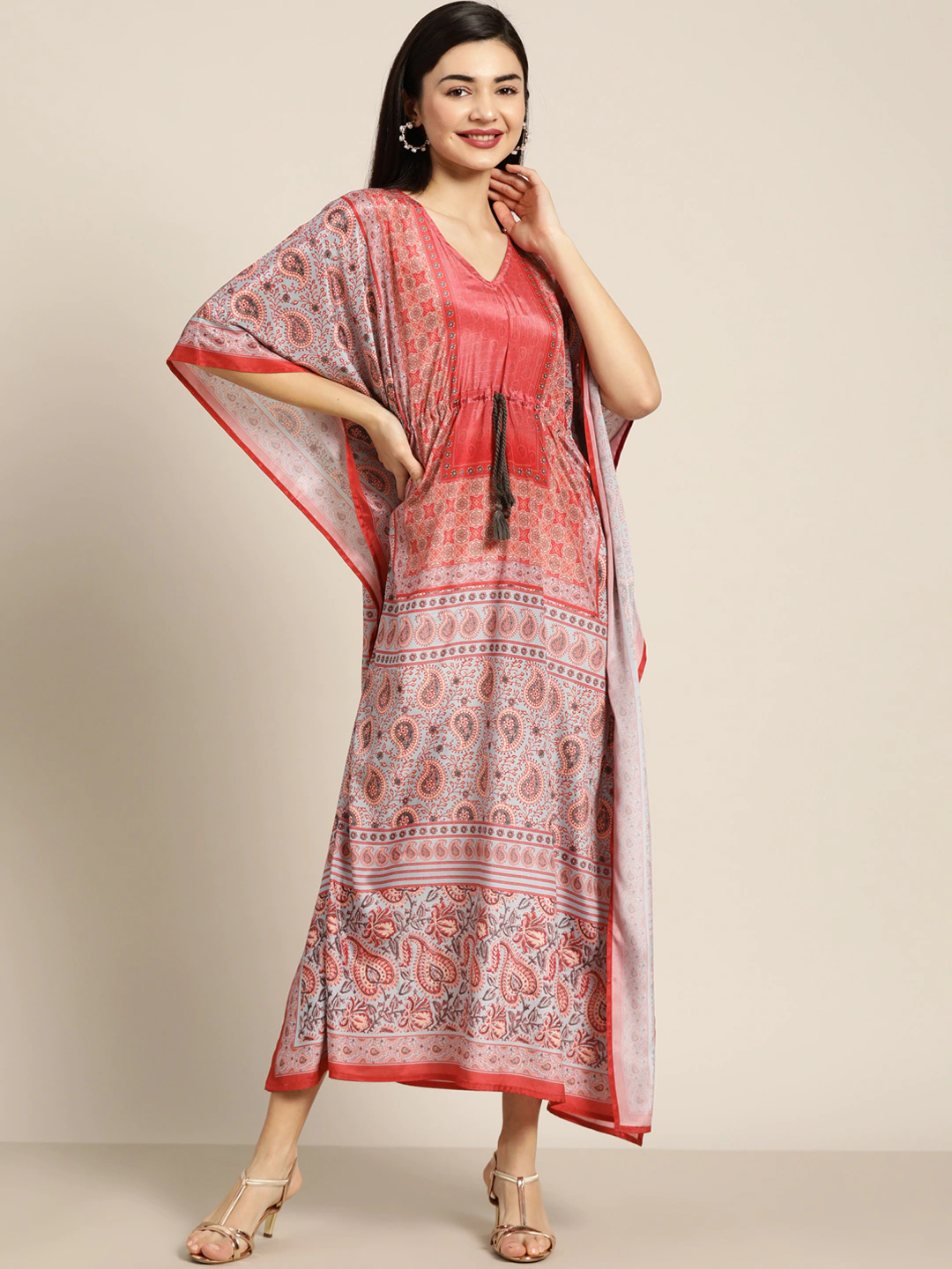 Women Pink & Blue Paisely Kaftan Dress-Dress-SASSAFRAS