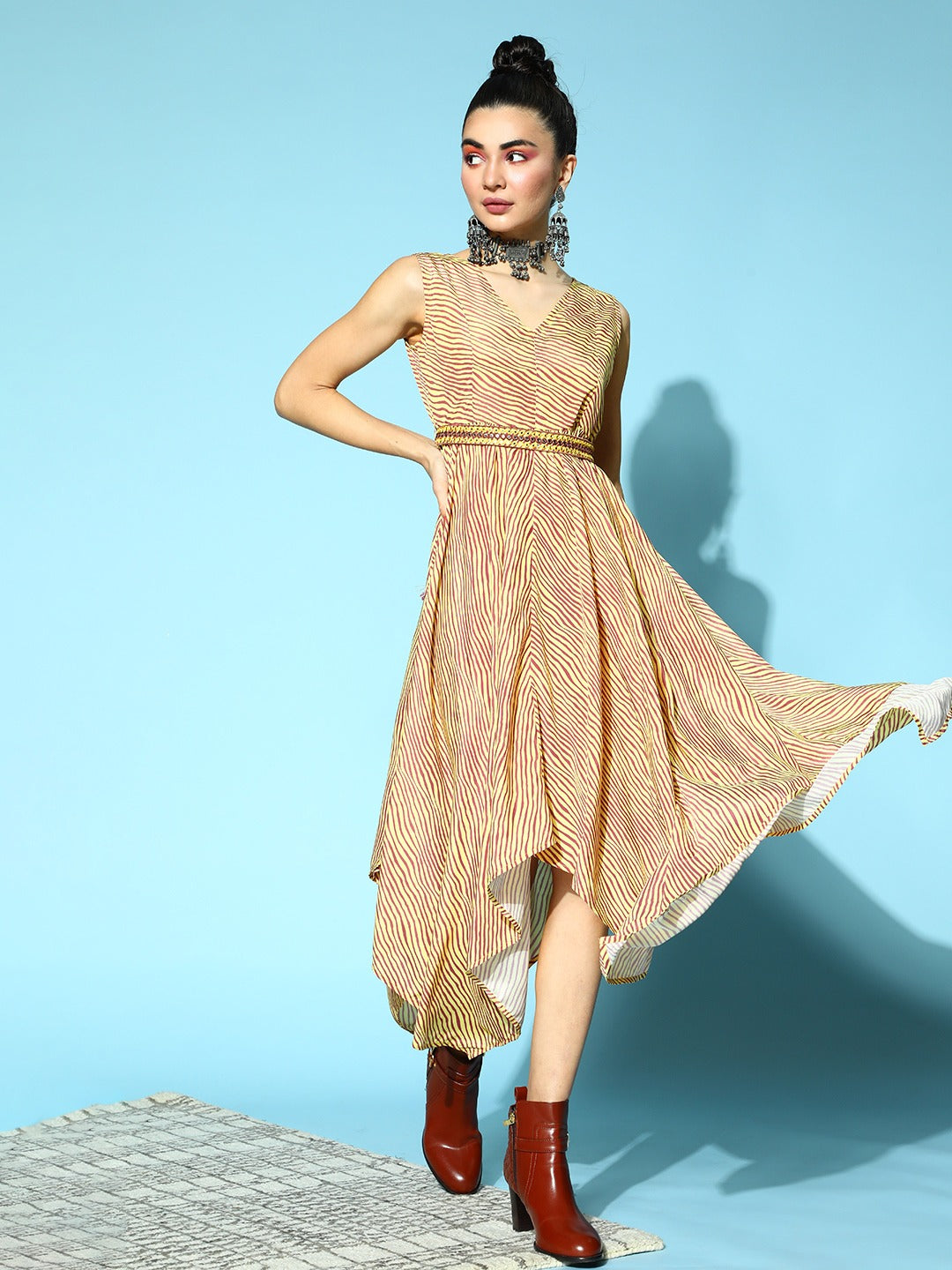Women Mustard Lehariya Asymmetrical Dress