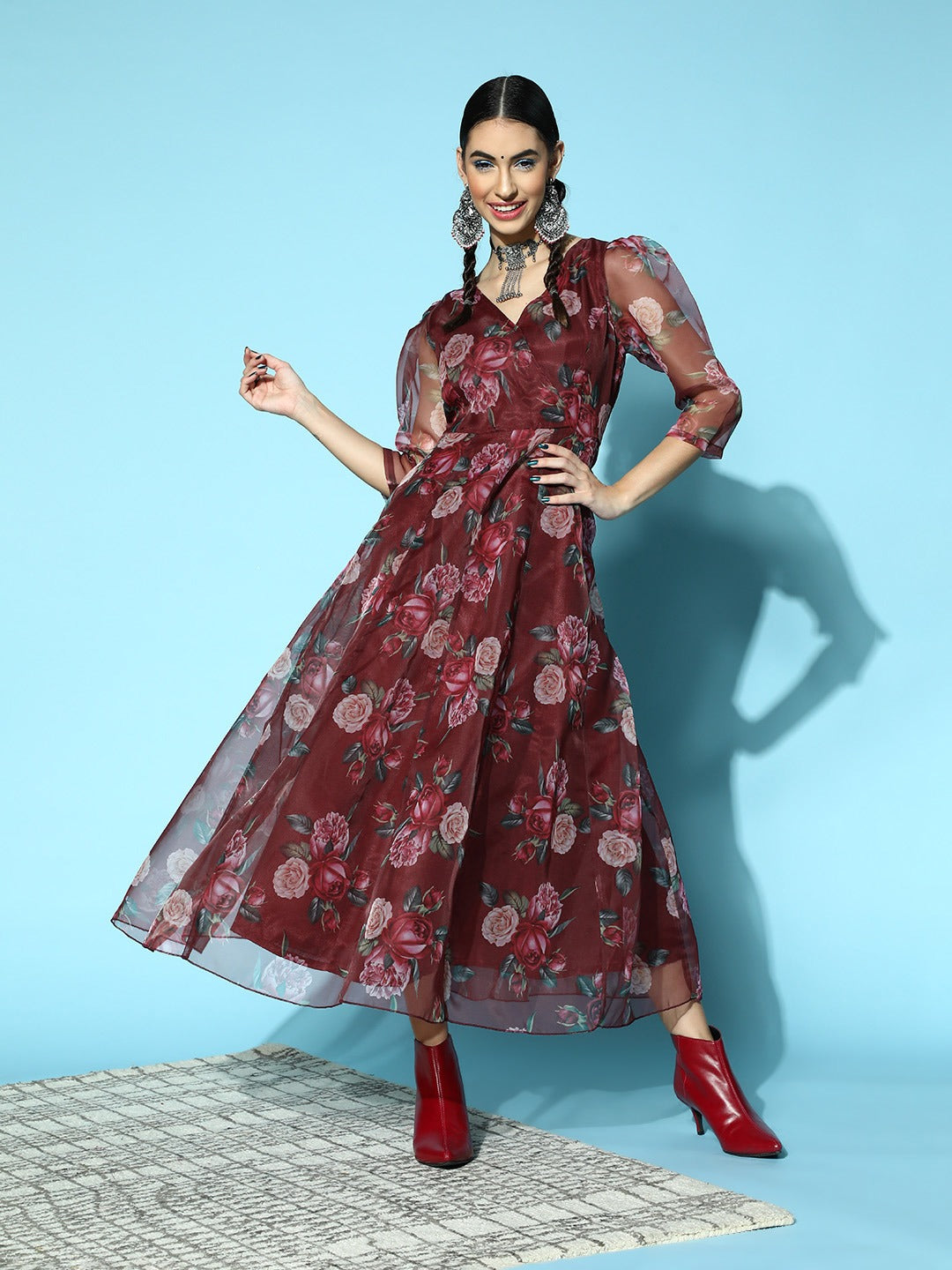 Women Maroon Floral Wrap Anarkali Maxi Dress