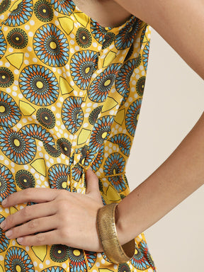Women Yellow Geometric Shirt Collar Dhoti Dress