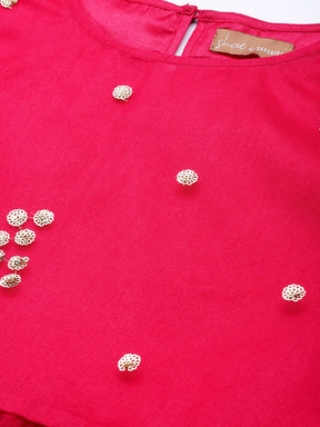 Women Fuchsia Tulle Sequins Gathered Dress
