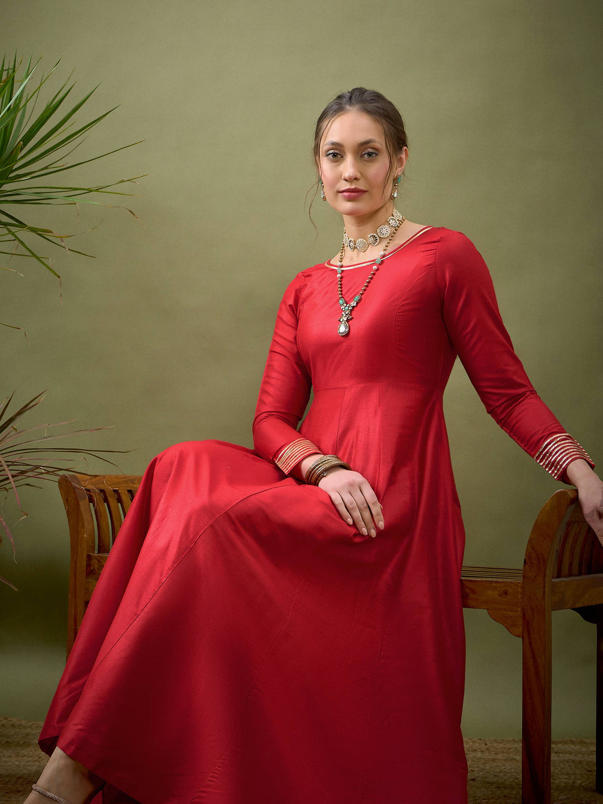 Red Gota Detail Anarkali Maxi Dress-Shae by SASSAFRAS