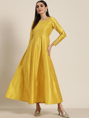Women Mustard Gota Detail Anarkali Maxi Dress-Dress-SASSAFRAS