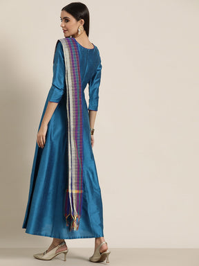 Women Blue Anarkali Maxi With Purple Striped Dupatta