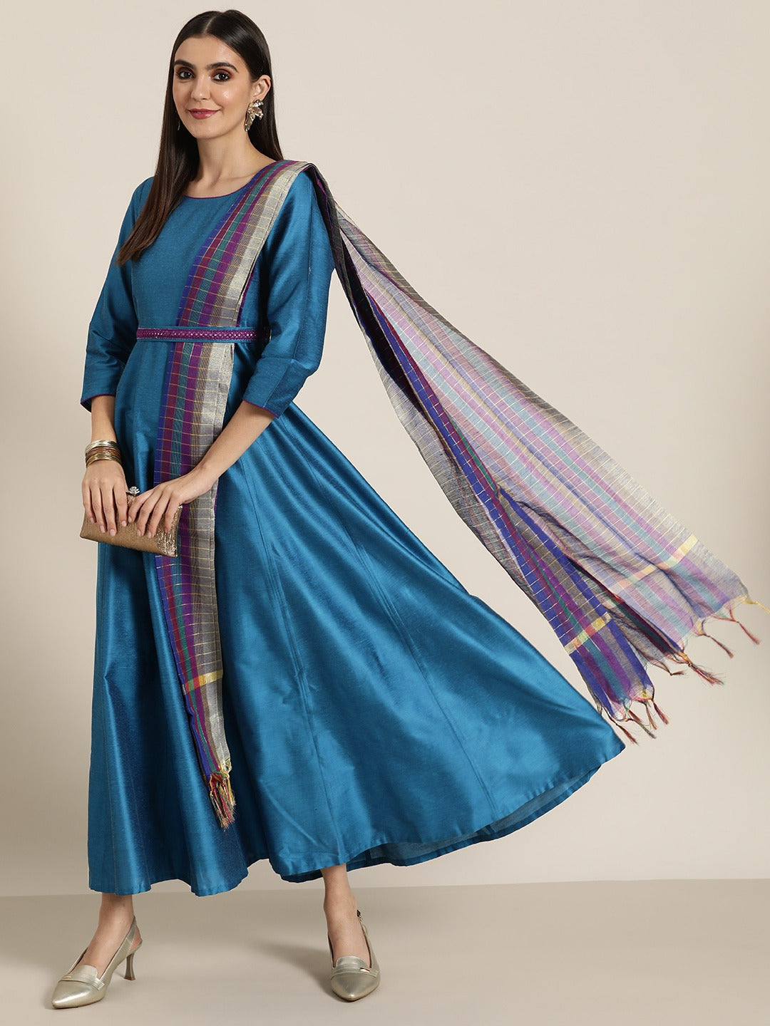 Women Blue Anarkali Maxi With Purple Striped Dupatta