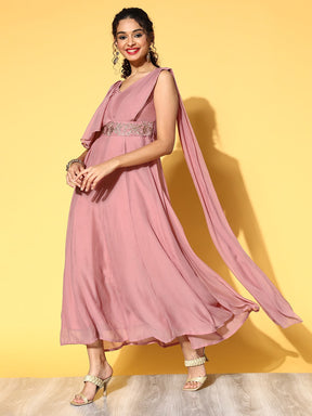 Women Baked Pink Drape Dupatta Anarkali Maxi Dress