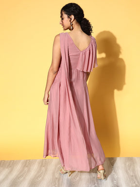 Women Baked Pink Drape Dupatta Anarkali Maxi Dress