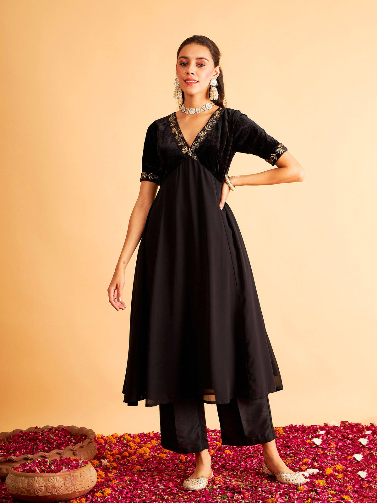 Black Embroidered V-Neck Anarkali Dress-Shae by SASSAFRAS
