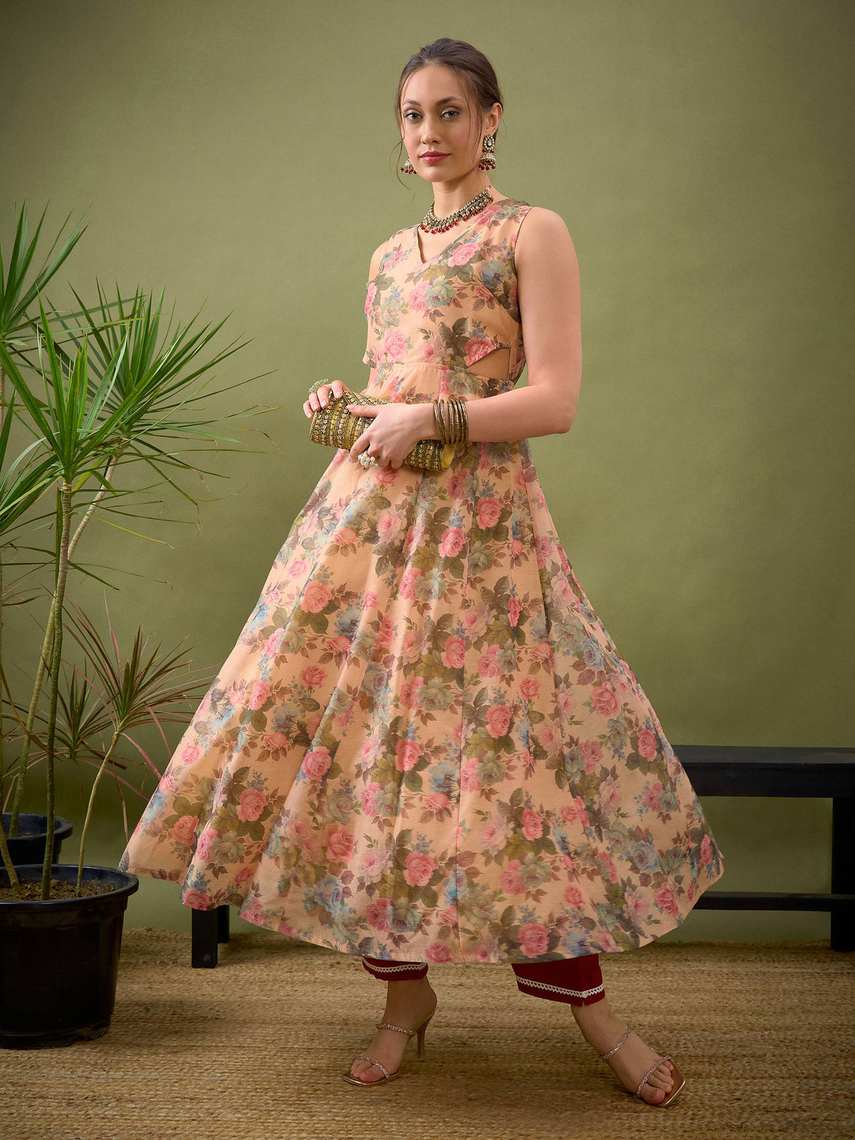 Beige Floral Side Cut Out Anarkali Dress-Shae by SASSAFRAS