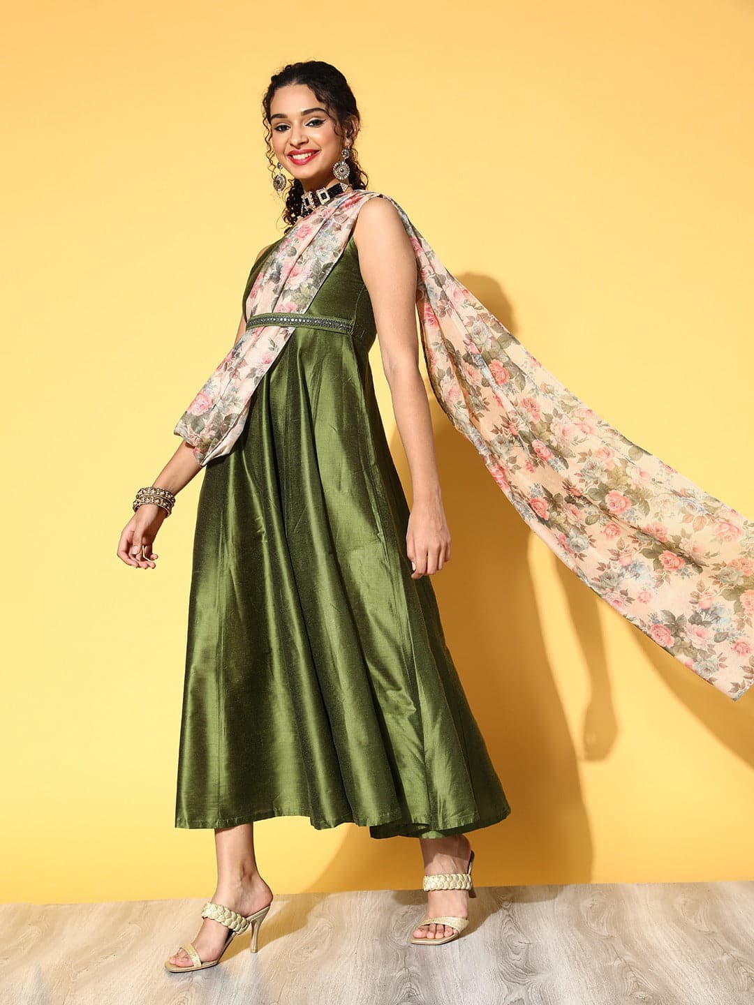 Women Olive Anarkali Maxi With Beige Floral Drape Dupatta-Dress-SASSAFRAS