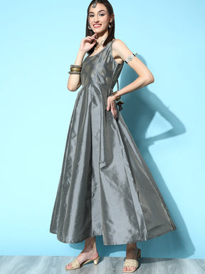 Women Grey Brocade Jacquard Sleeveless Anarkali Dress