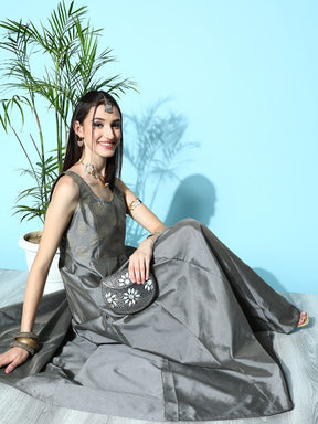 Women Grey Brocade Jacquard Sleeveless Anarkali Dress