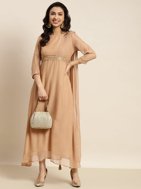 Women Brown Embroidered Belt Dupatta Dress-Dress-SASSAFRAS