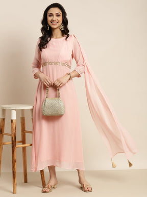 Women Baked Pink Embroidered Belt Dupatta Dress-Dress-SASSAFRAS