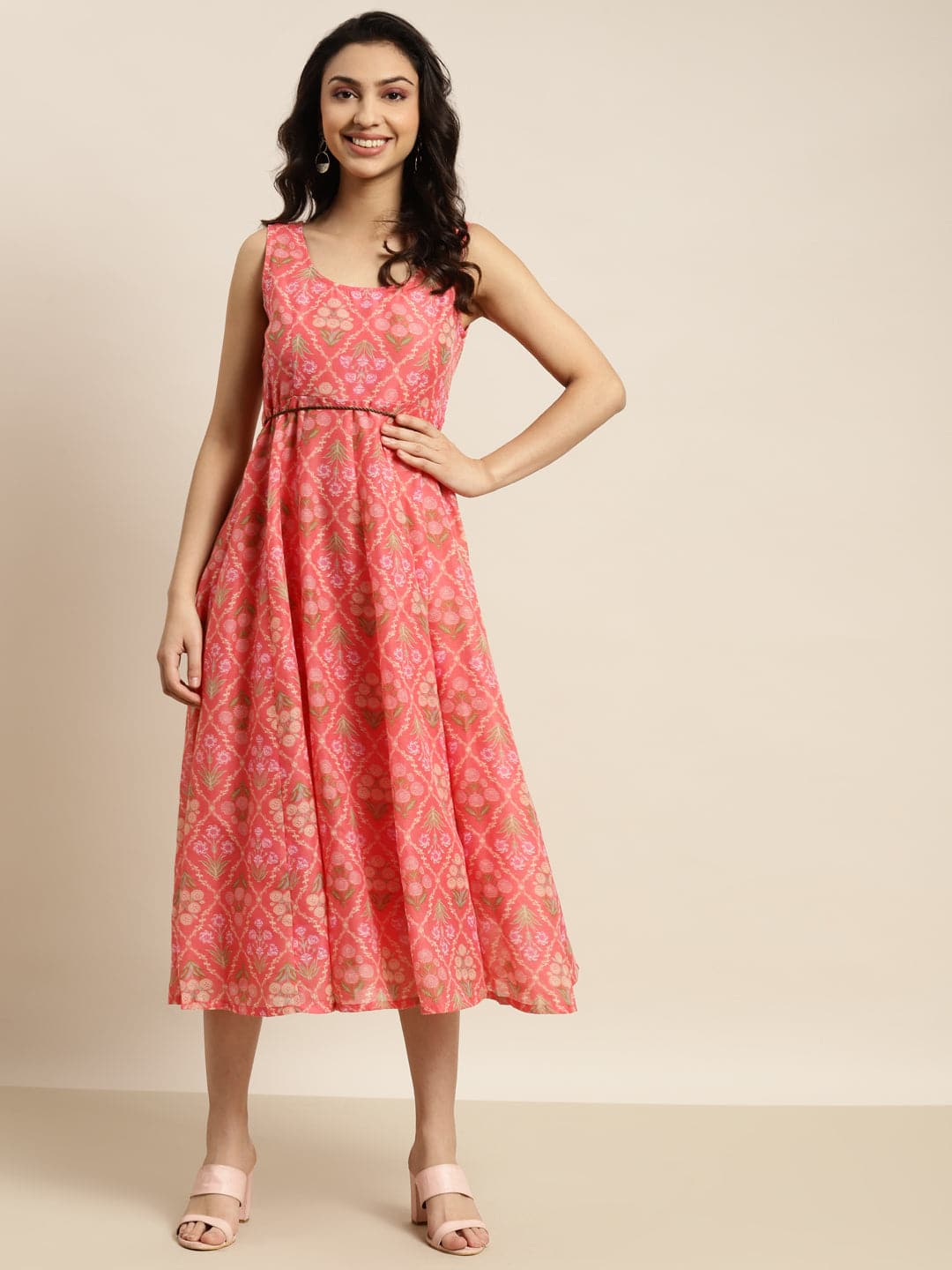 Women Peach Chanderi Mughal Floral Anarkali Dress-Dress-SASSAFRAS