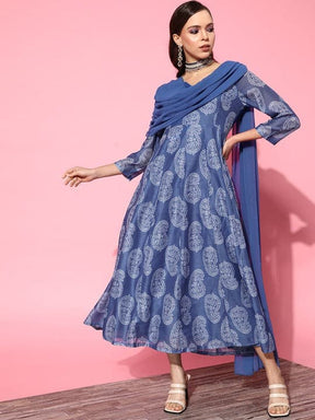 Blue Chanderi Paisley Blue Attached Dupatta Dress-Shae by SASSAFRAS