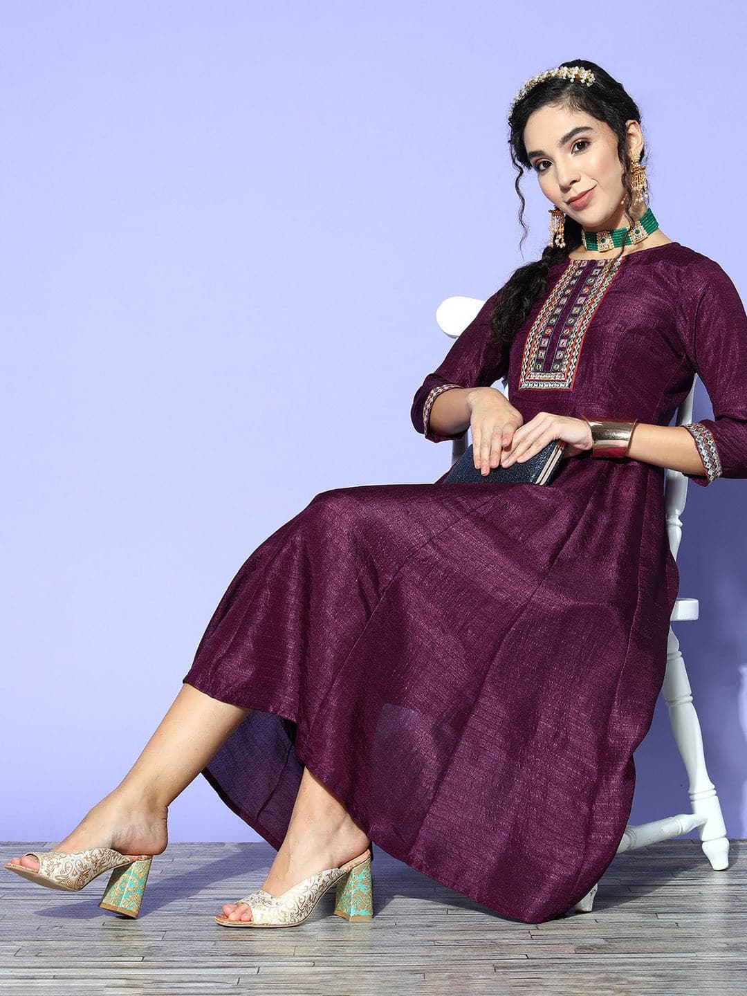 Burgundy Mirror Embroidered Anarkali Dress-Shae by SASSAFRAS