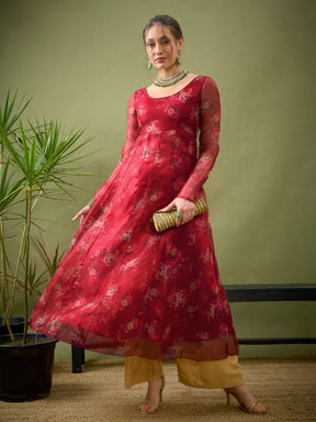 Maroon Organza Floral Anarkali Maxi Dress -Shae by SASSAFRAS