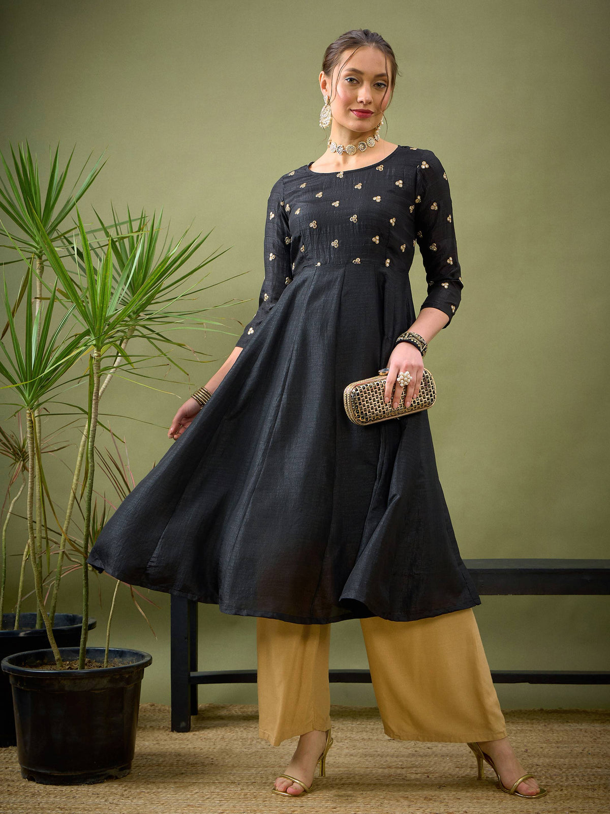 Black Mirror Embroidered Anarkali Dress-Shae by SASSAFRAS