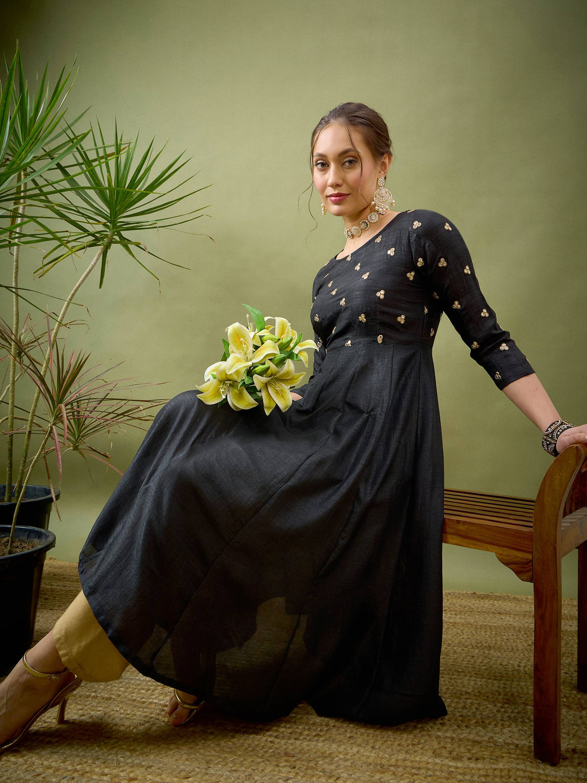Black Mirror Embroidered Anarkali Dress-Shae by SASSAFRAS