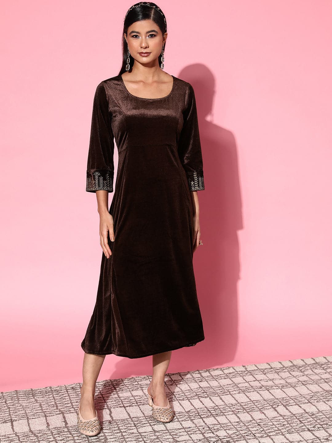 Brown Velvet Zari Embroidered Anarkali Dress Shae by SASSAFRAS