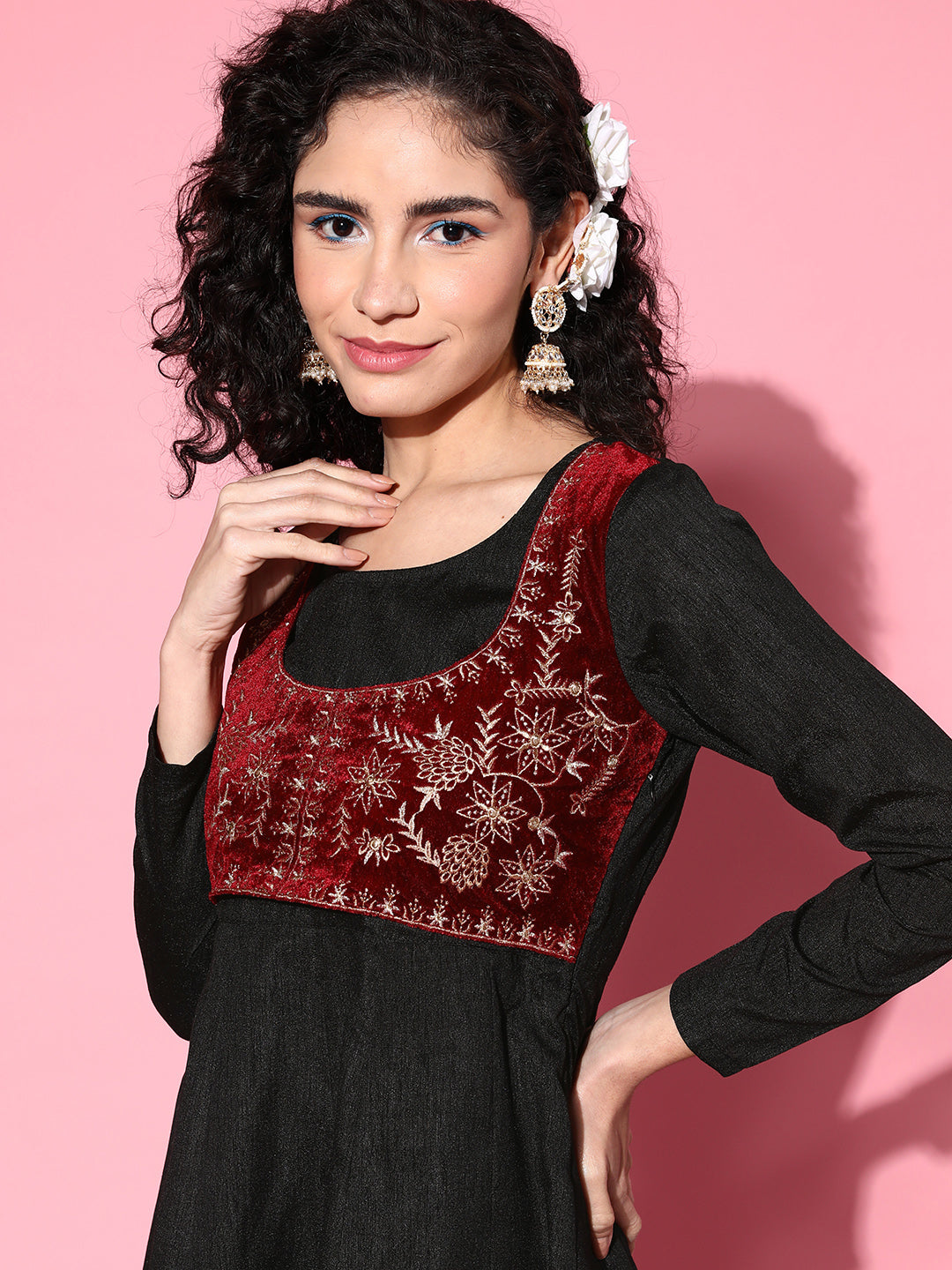 Women Black Velvet Embroidered Jacket Anarkali Dress