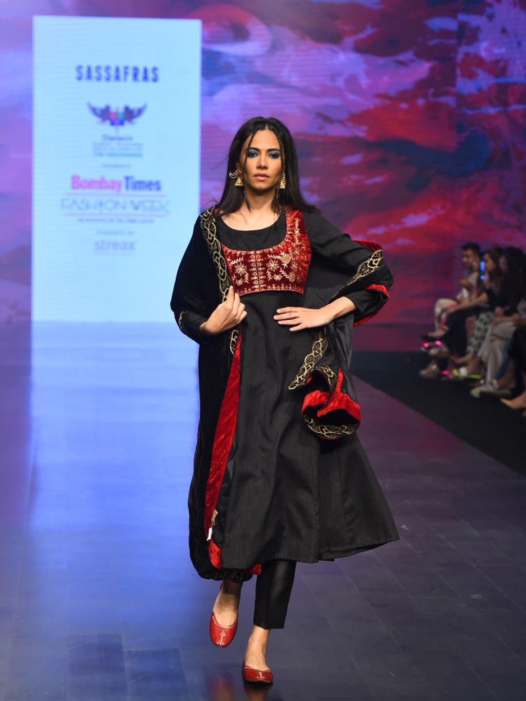 Black Velvet Embroidered Jacket Anarkali Dress-Shae